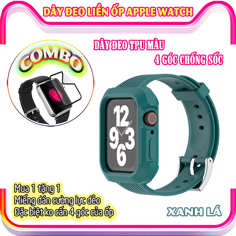 Dây Đeo liền ốp dành cho Apple Watch 7/6/5/4/3/2/1 size 38/40/41/42/44/45mm TPU màu 4 góc chống sốc - nhiều màu (tặng cường lực dẻo theo size)