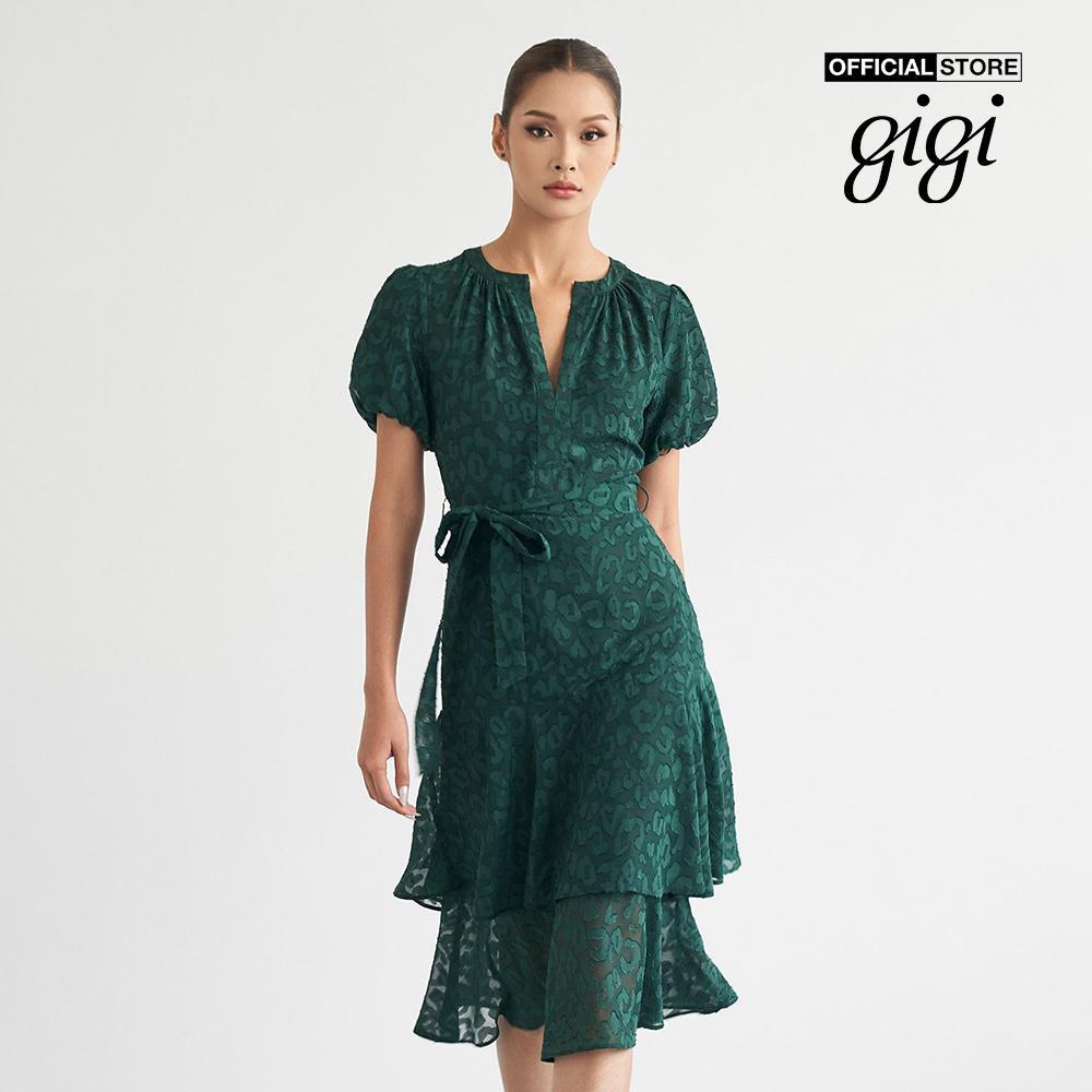 GIGI - Đầm midi tay phồng thiết kế xếp tầng phối họa tiết da báo G2102D223132