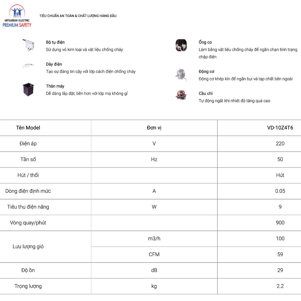 Quạt hút âm trần nối ống gió Mitsubishi VD-10Z4T6 9W Made in ThaiLand HÀNG CHÍNH HÃNG