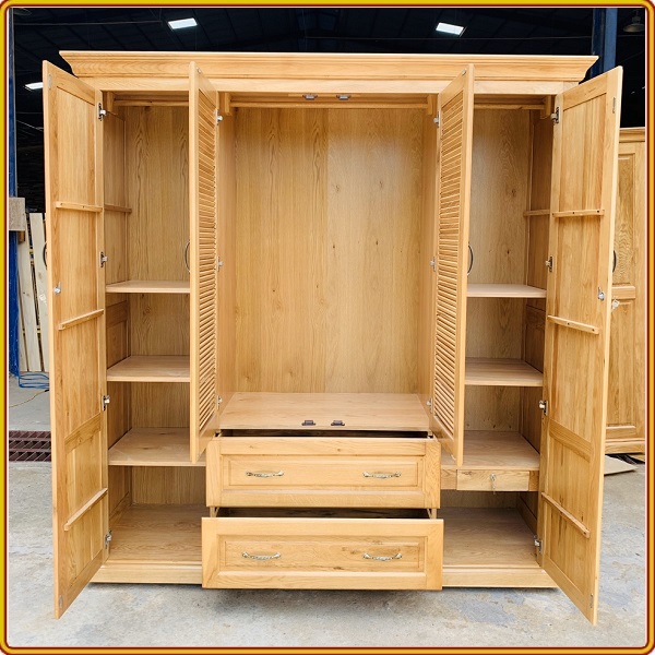 Tủ Quần Áo Gỗ Sồi Mỹ Tự Nhiên Cao Cấp - 4 Cánh + 2 Ngăn Kéo
