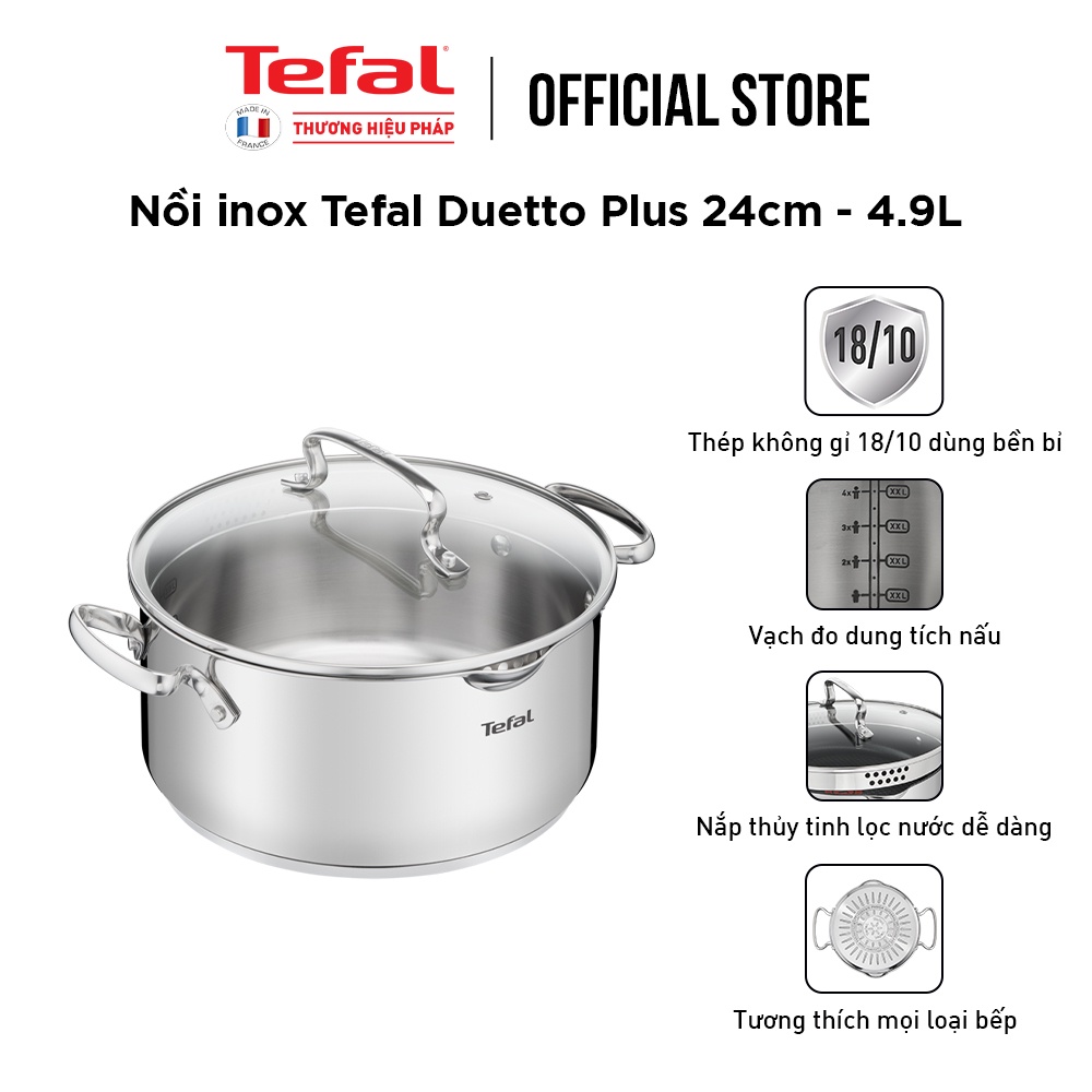 Bộ 3 nồi inox Tefal Duetto Plus (Quánh 16cm - 1.4L, Nồi 20cm - 2.8L, Nồi 24cm - 4.9L) - Hàng chính hãng