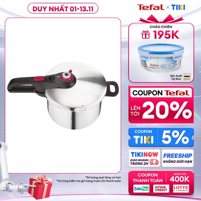 Nồi áp suất cơ inox Tefal Secure 5 Neo 6L - P2530750, dùng cho mọi loại bếp - Hàng chính hãng