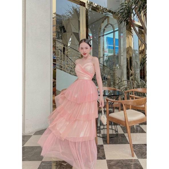 ĐẦM MAXI CÚP NGỰC HỒNG XẾP TẦNG