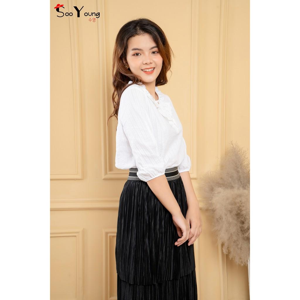 Áo sơ mi nữ bèo cổ 2 lớp- tay lỡ- Sooyoung- chất liệu thô boid thấm hút mồ hôi