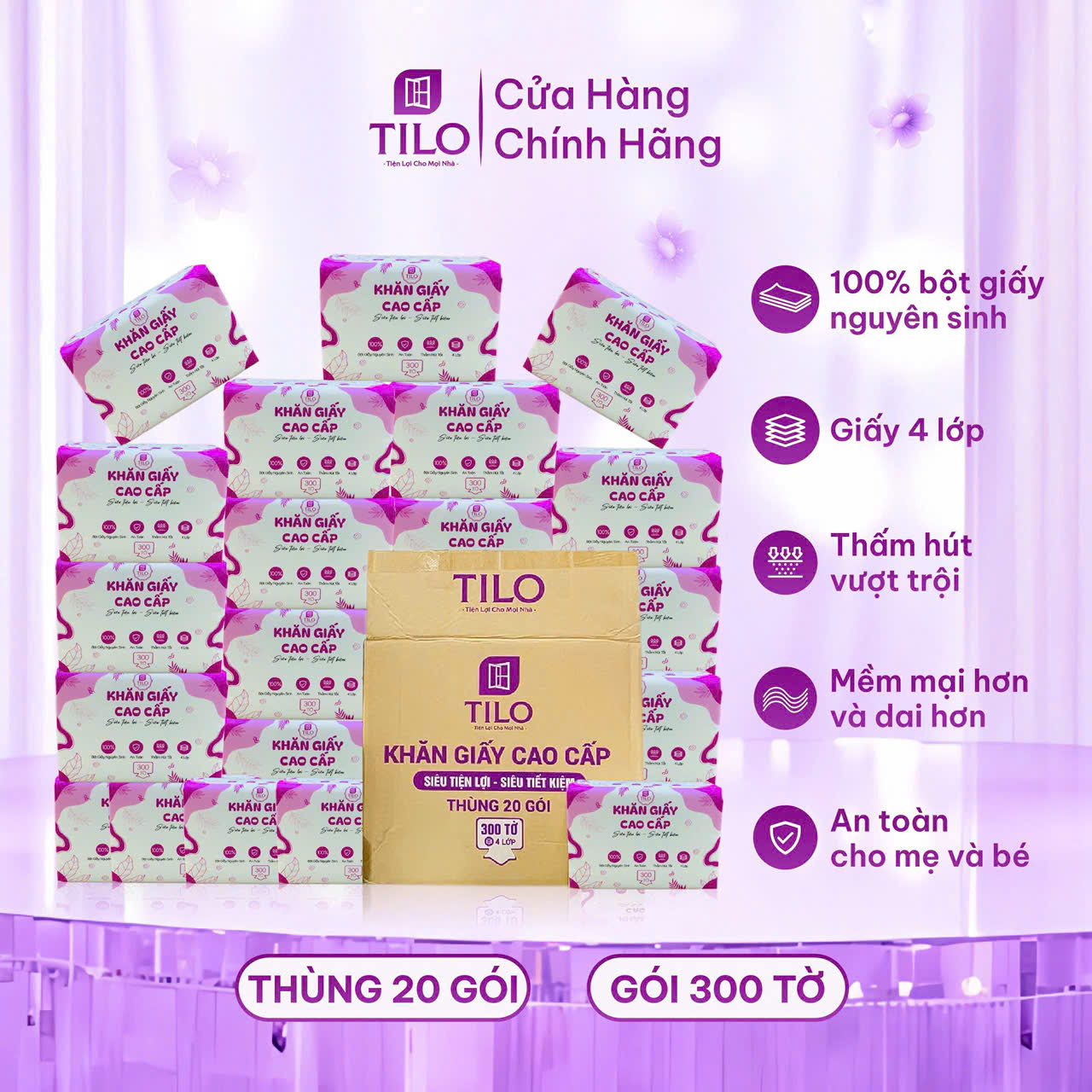 Khăn giấy rút bàn TiLo 300 tờ 4 lớp dai mềm mịn, an toàn, siêu tiện lợi, siêu tiết kiệm