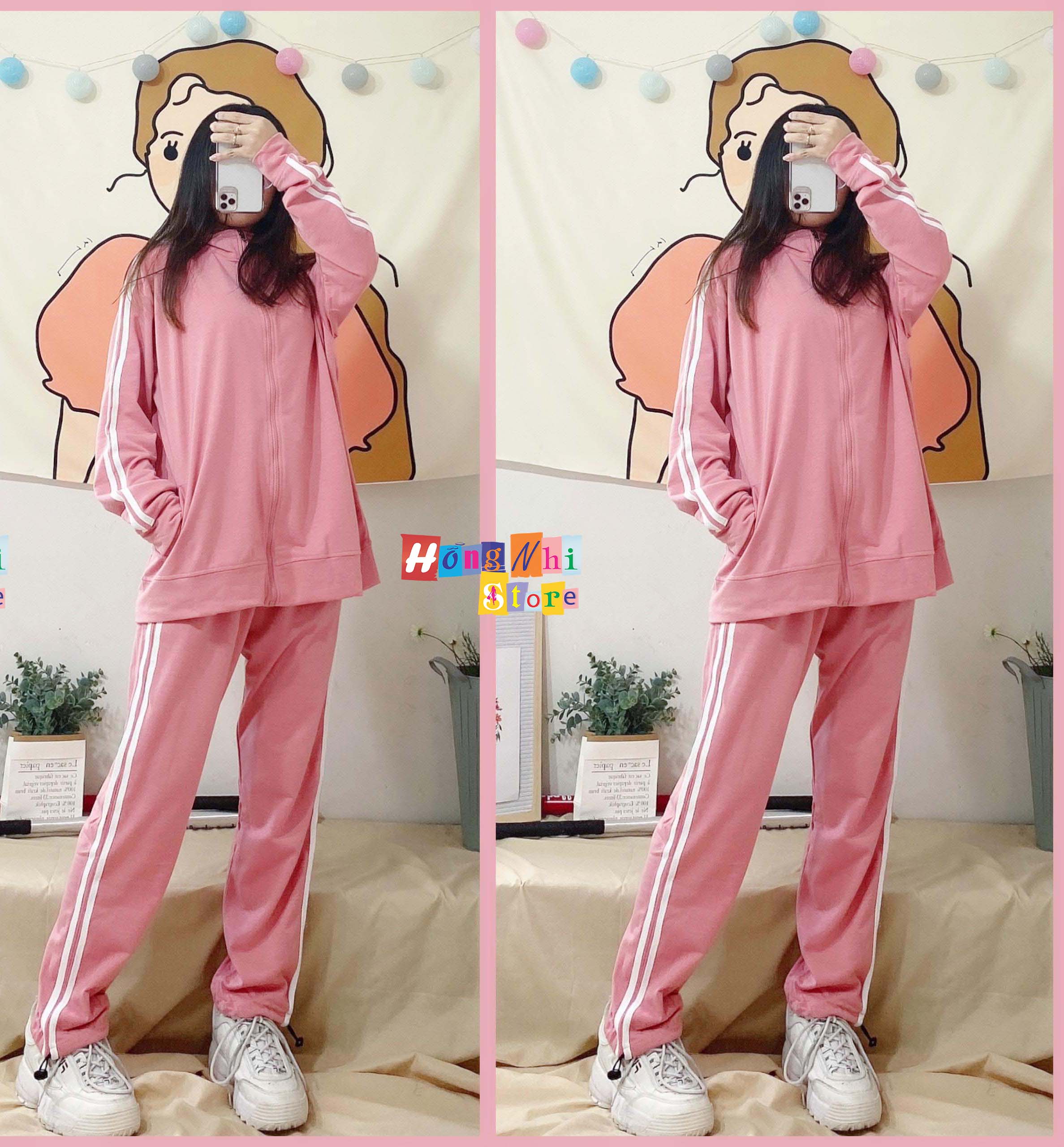 Set Bộ Thể Thao Oversize Ulzzang Unisex Áo Khoác Tay Dài Quần Jogger Dài Màu Hồng Cao Cấp - MM