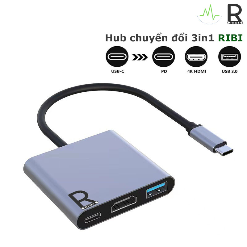 Hub chuyển đổi USB Type-C Sang USB 3.0/HDMI/Type C - Hub chuyển đổi 3in1 RiBi - Hàng Chính Hãng