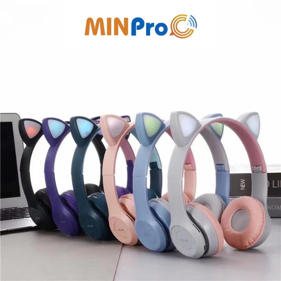 Tai nghe chụp tai mèo bluetooth 5.0 cute, Headphone tai mèo 7 màu led phát sáng không dây có mic - MINPRO