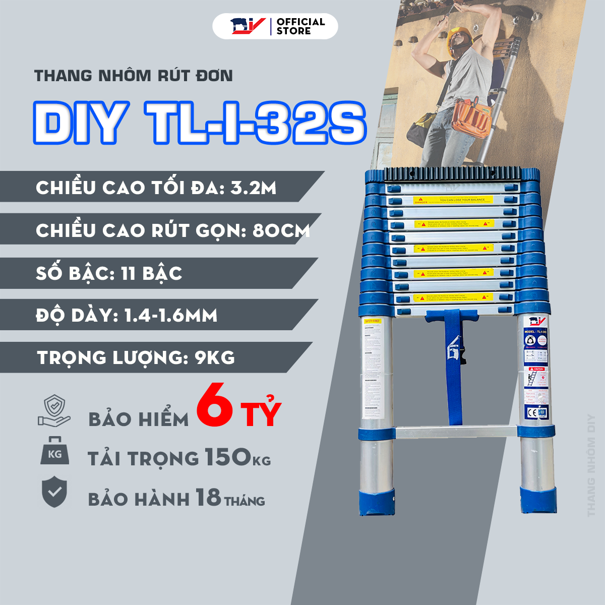 Hình ảnh Thang nhôm rút đơn DIY TL-I-32S - Chiều cao tối đa 3.2m, chiều cao rút gọn 0.8m tải trọng 150kg