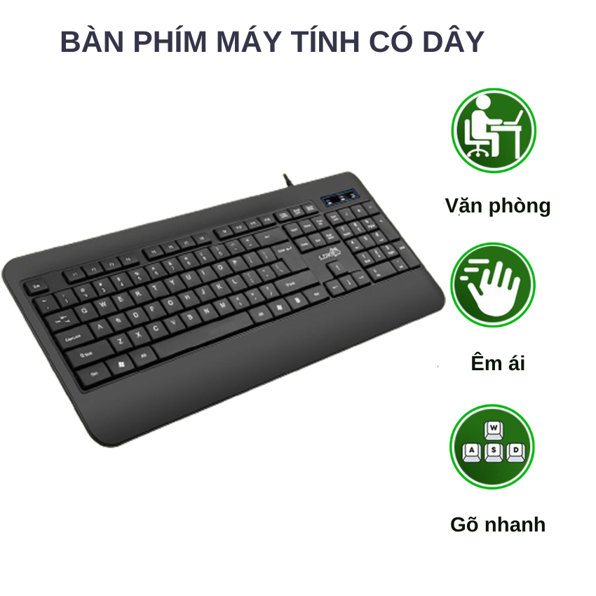 Bàn phím máy tính có dây K9 thiết kế full size 104 phím chống nước phần kê tay siêu rộng cho laptop, máy tính văn phòng