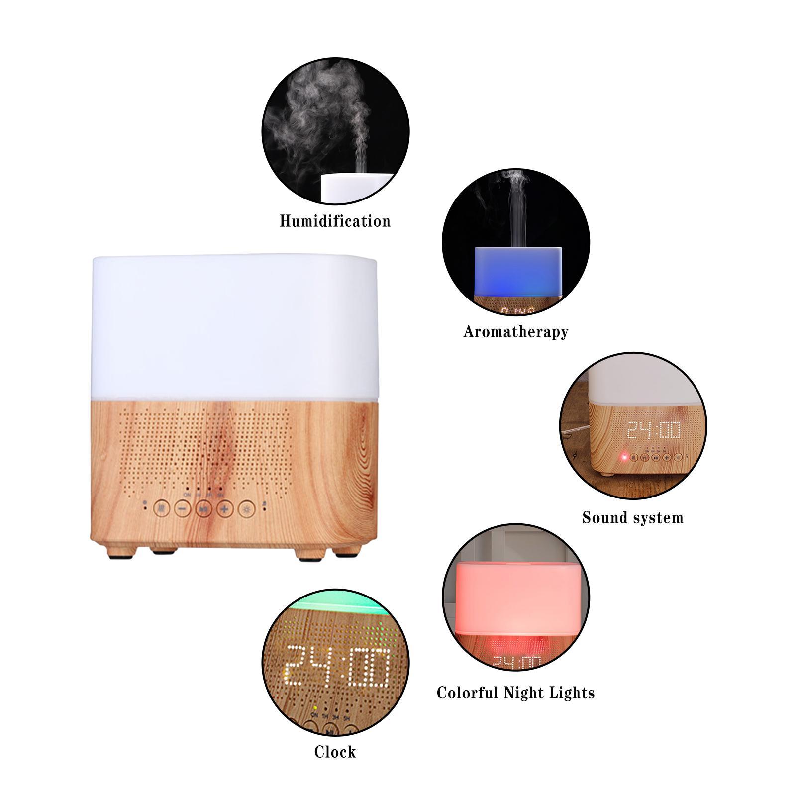 Wood Grain Air Humidifier Diffuser with Blueteeth Speaker Aromatherapy Atomization Alarm Clock Essential Oil Diffuser for Home Living Room