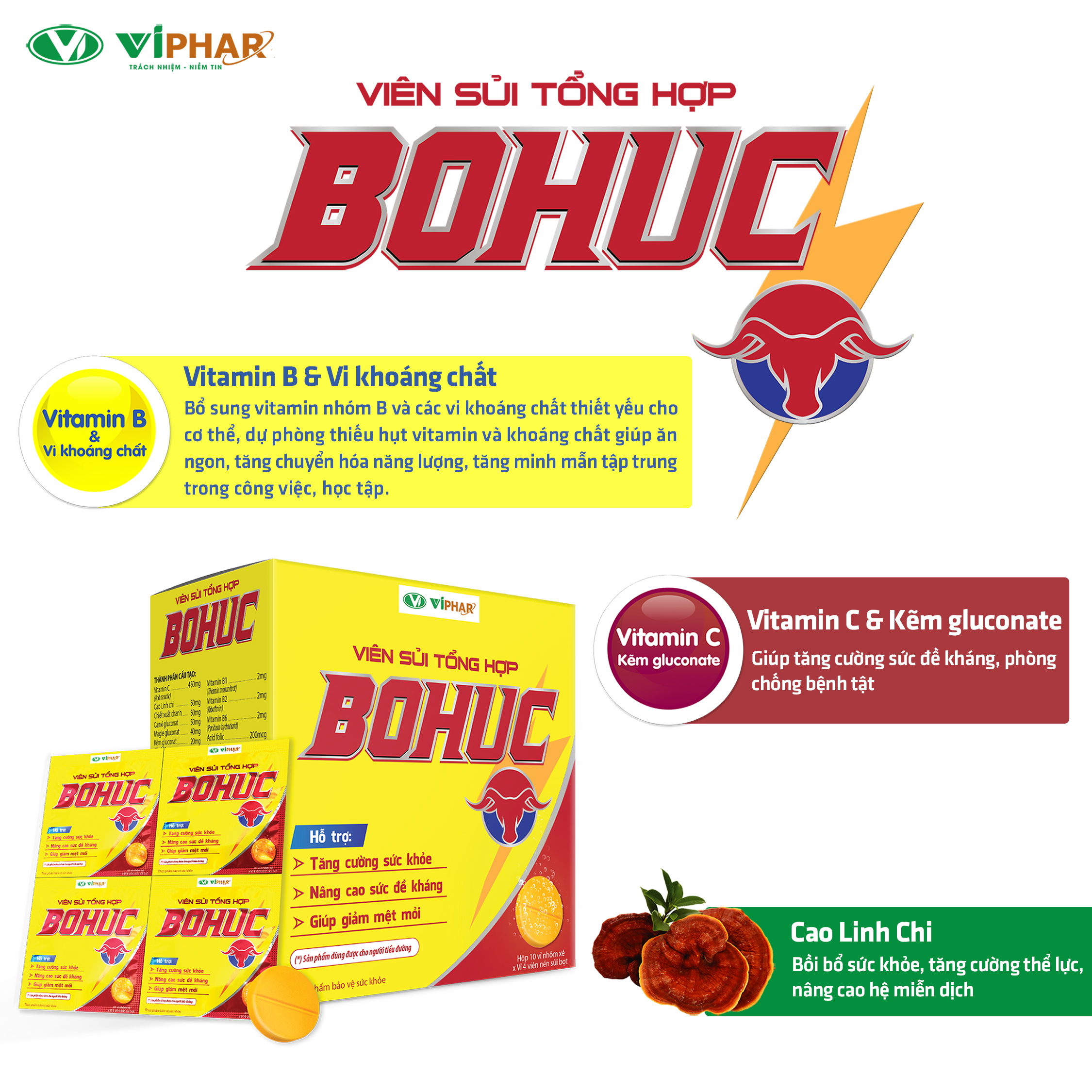 Viên Sủi Tăng Lực, Giảm Căng Thẳng Mệt Mỏi, Tăng Đề Kháng Dùng Được Cho Người Tiểu Đường BOHUC VIPHAR Hộp 40 Viên Vỉ Nhôm Bảo Quản An Toàn