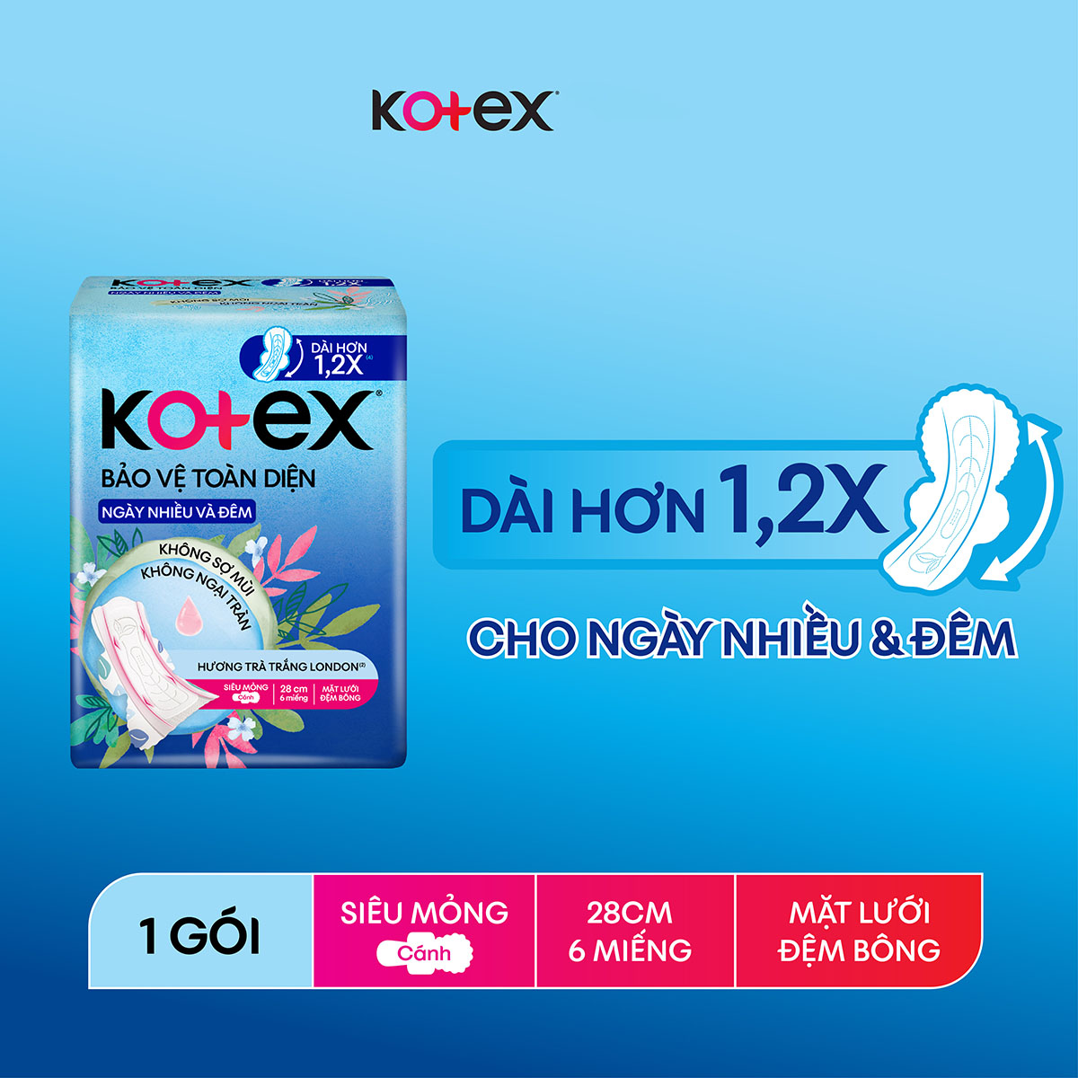 Combo 4 gói Băng Vệ Sinh Kotex Bảo Vệ Toàn Diện Ngày Nhiều và Đêm 28cm SMC - Gói 6 miếng