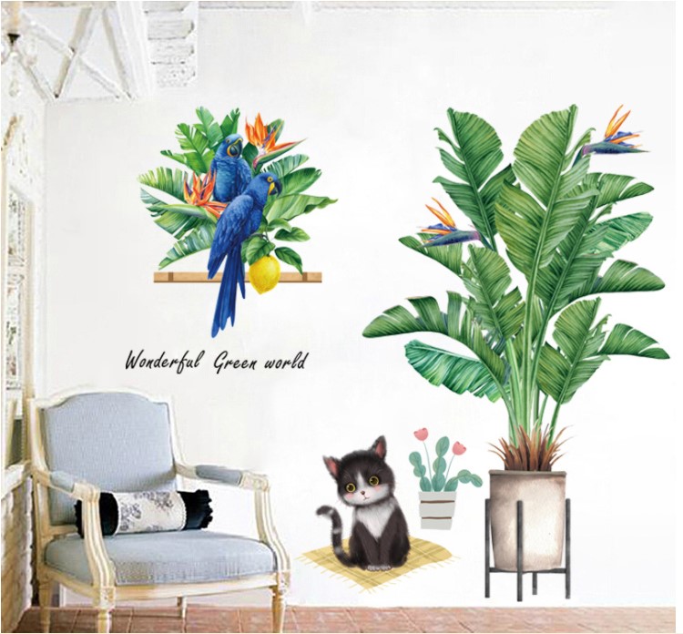 Decal chú mèo con bên chậu cây và đôi chim két