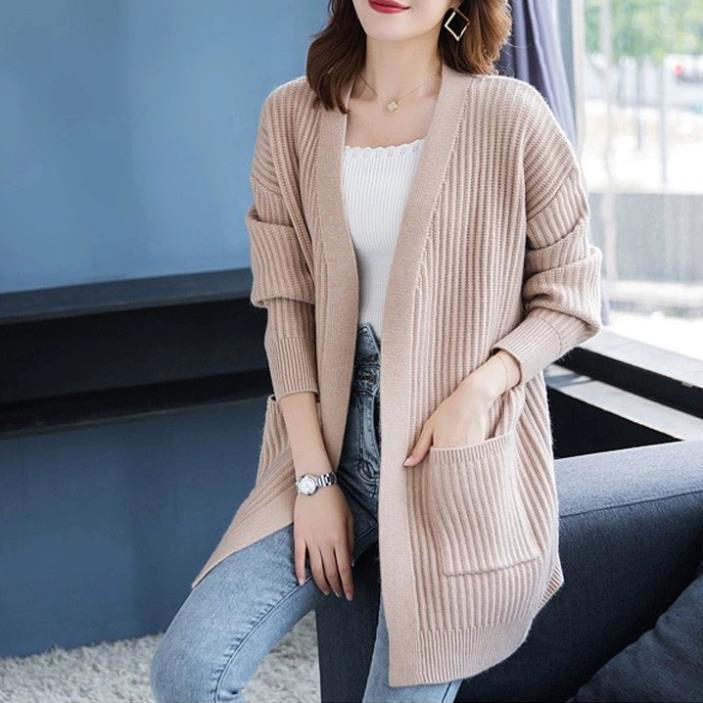 Áo khoác len cardigan dáng dài có túi xinh xắn phong cách Hàn Quốc