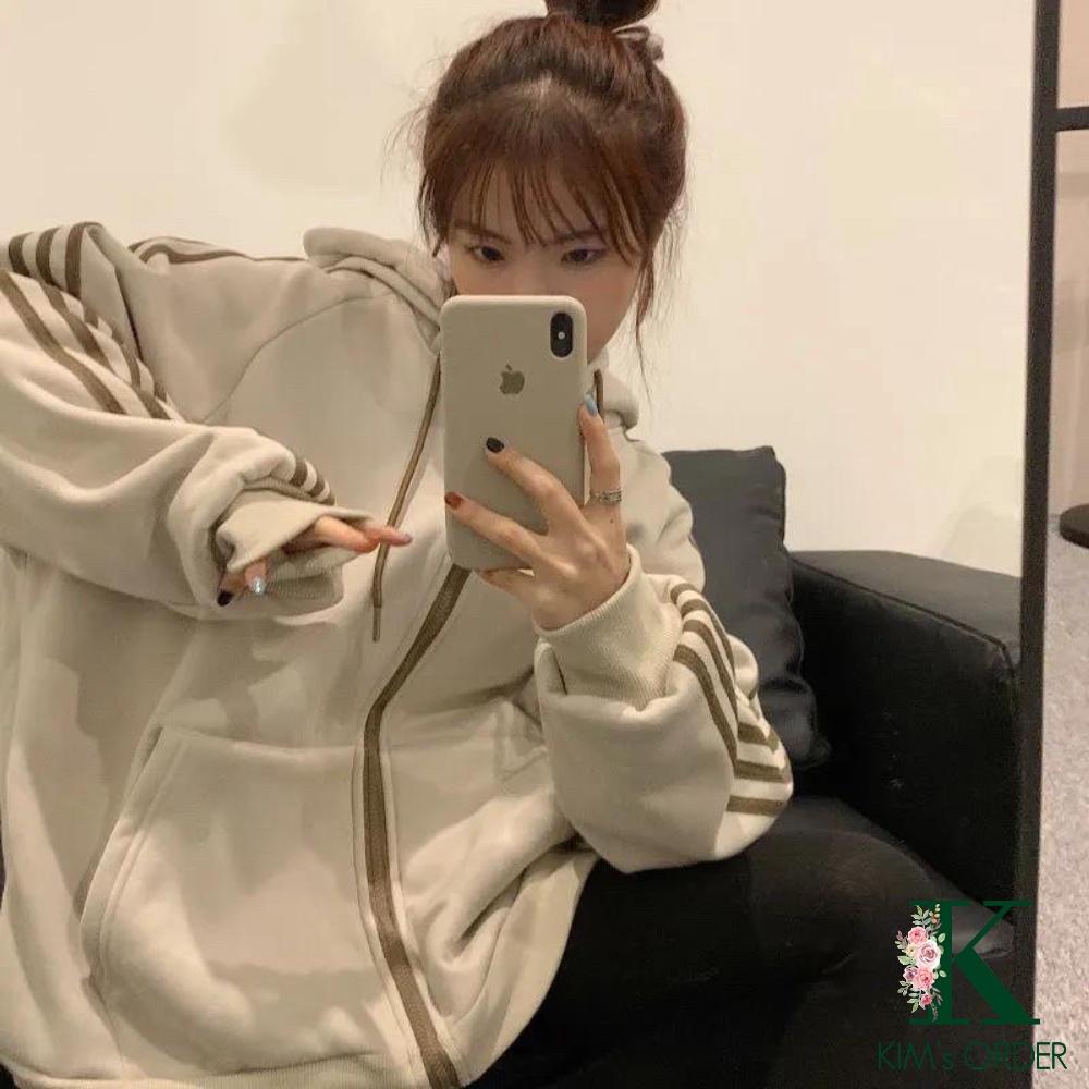 Áo khoác nỉ Hoodie nam nữ màu be hồng xanh xám dài tay có mũ kéo khoá phom rộng kiểu dáng sọc thể thao Ulzzang năng động