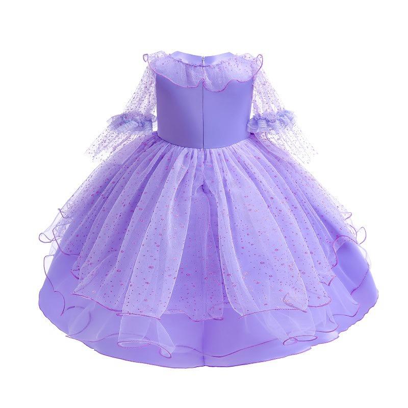 Đầm voan công chúa cho bé gái màu tím phối hoa nổi dự tiệc múa hóa trang đẹp size 12-35kg hàng Quảng Châu cao cấp