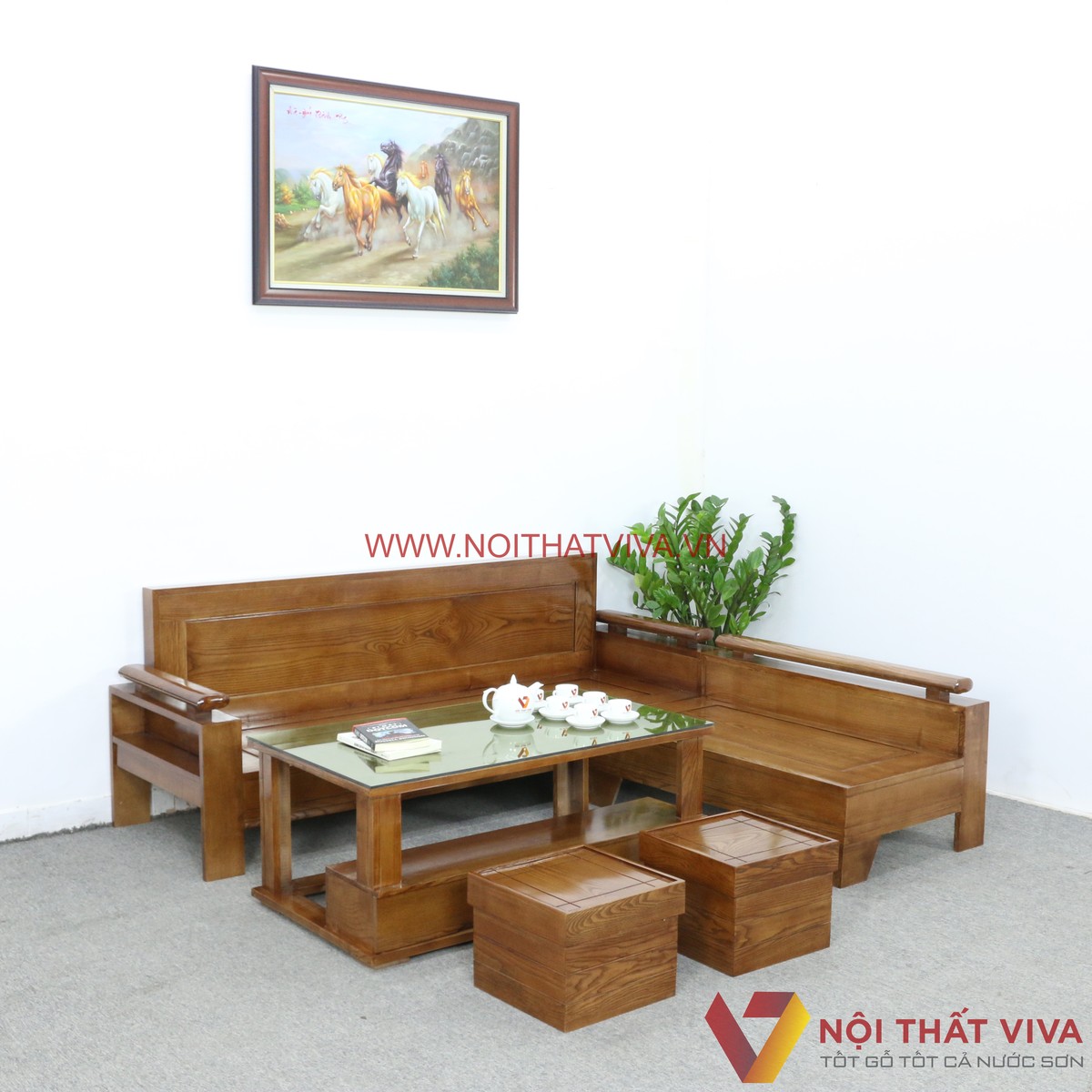 Bộ Sofa Gỗ Sồi Nga Góc L Màu Óc Chó Hiện Đại Đẹp Giá Rẻ - Tổng thể: 200 x 180 x 75cm, Băng dài: 200 x 65 x 75cm, Băng ngắn: 110 x 65 x 50cm, Bàn: 110 x 60 x 45cm, , Đôn nhỏ: 35 x 35 x 28cm (dài x rộng x cao)