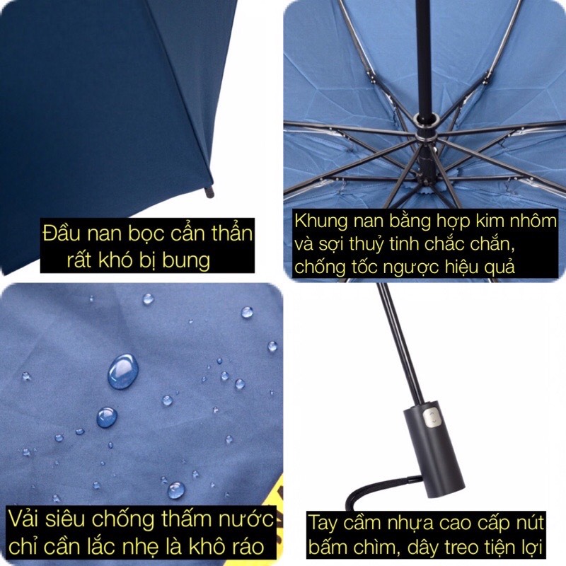 Ô dù tự động thông minh cao cấp toàn Fully Automatic Safe Umbrella, cơ chế giữ nước như dù ngược, khung nan chắc chắn chống gió bão cấp 6, vải siêu chống nước phủ Nano chống tia UV