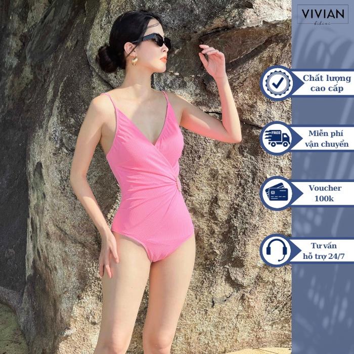 Đồ bơi nữ cao cấp dạng một mảnh cổ V, có đai cách điệu - Hồng - VS169_PK