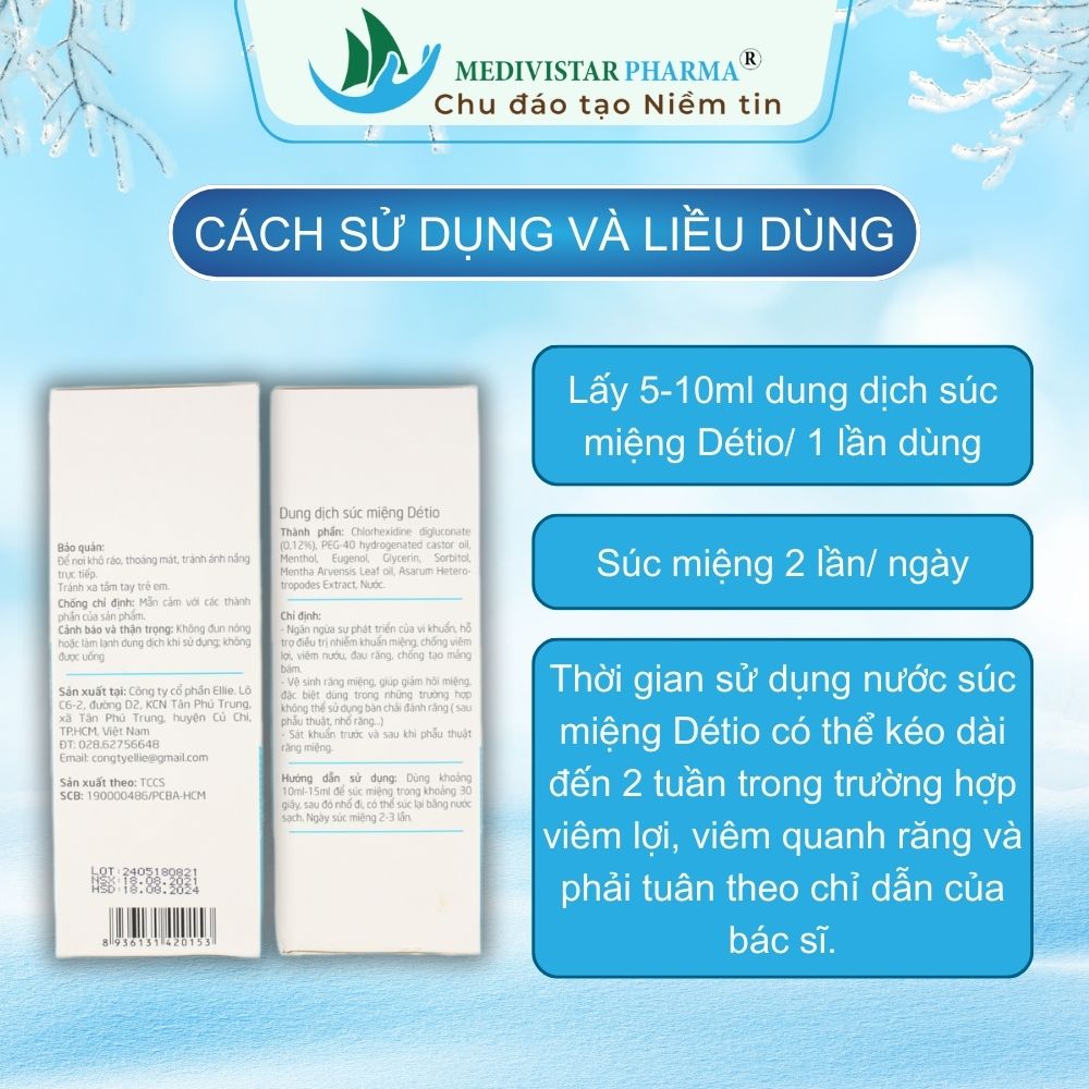 Nước Súc Miệng DÉTIO Không Chứa Cồn Giúp Vệ Sinh Răng Hiệu Quả, Hạn Chế Mảng Bám, Đem Lại Hơi Thở Thơm Mát Chai 200ml