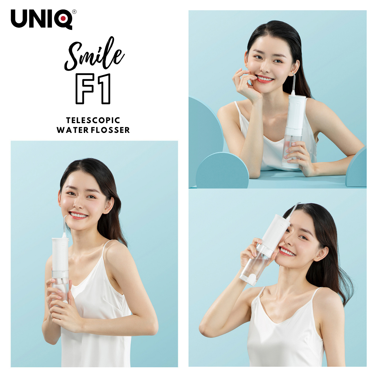 Tăm Nước Cầm Tay UNIQ Smile F1 Nhật Bản Cao Cấp Máy Vệ Sinh Răng Miệng Mini Tốt Xịt Xỉa Rửa Làm Sạch Kẽ Răng Niềng Dụng Cụ Cạo Lưỡi Waterpik May Tam Nuoc Du Lịch Không Dây Nhập Khẩu