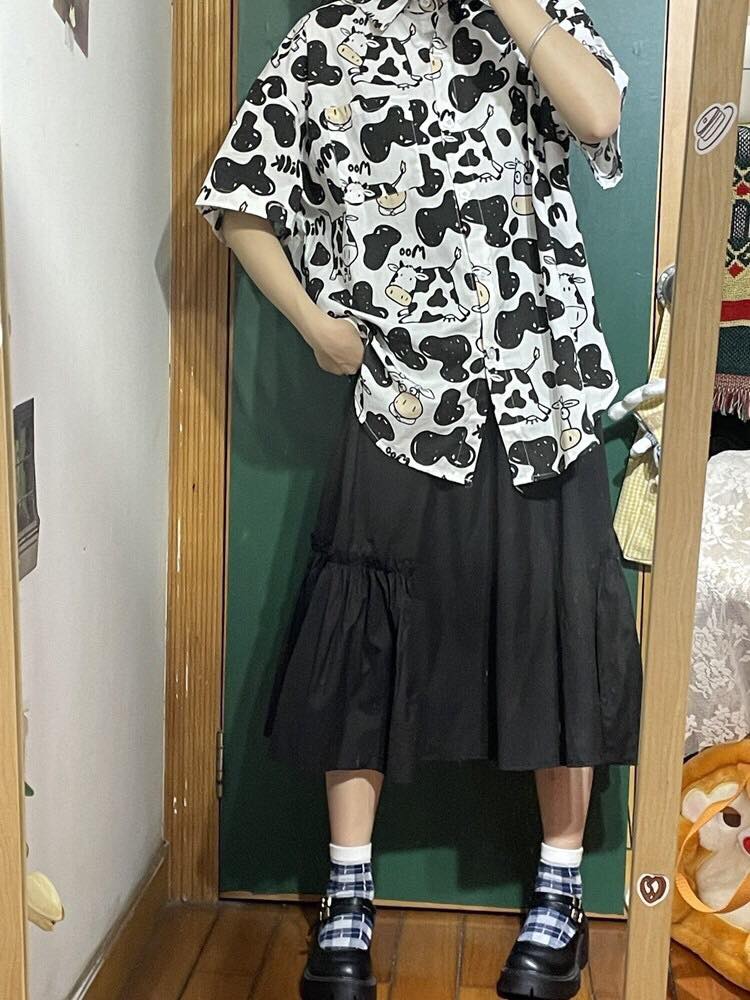 Áo Sơ Mi Hoạ Tiết Tay Lỡ Dáng Rộng,Sơ Mi Con Bò Tay Lửng Unisex - MM