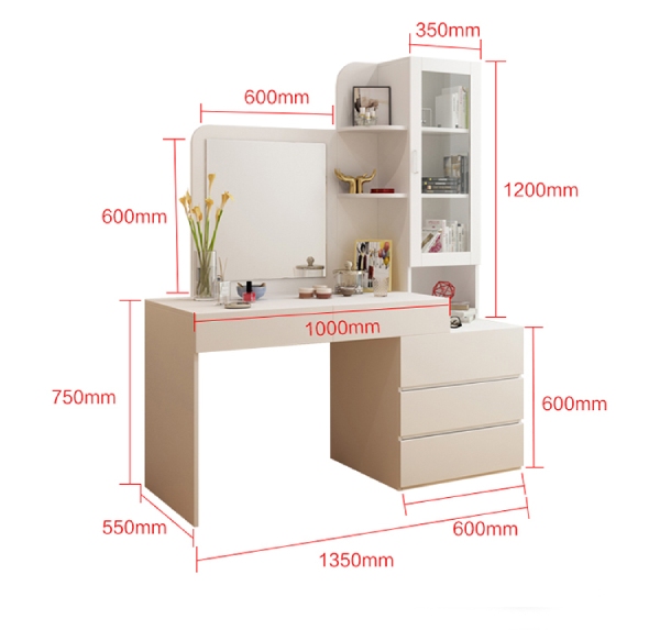 Bàn Trang Điểm Gỗ Cao Cấp Đa Năng Dài 1,35m Kèm Kệ Sách Rộng Rãi