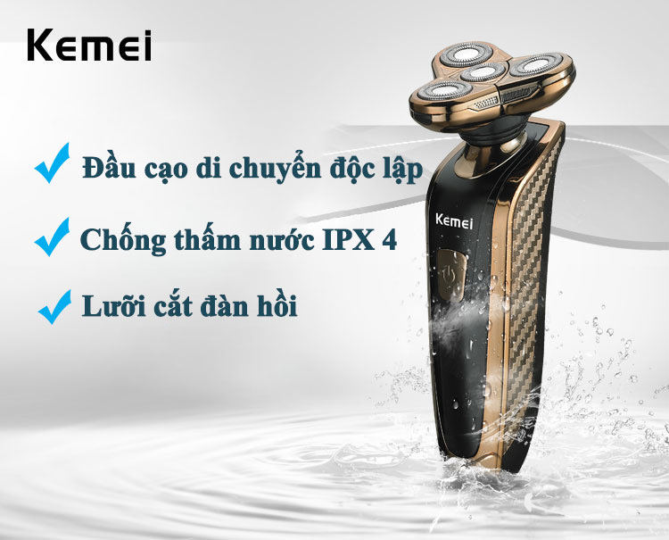 Máy cạo râu Kemei KM-361 cao cấp với 4 lưỡi cạo đàn hồi ôm sát mặt chống thấm nước IPX4 có thể cạo khô hoặc ướt