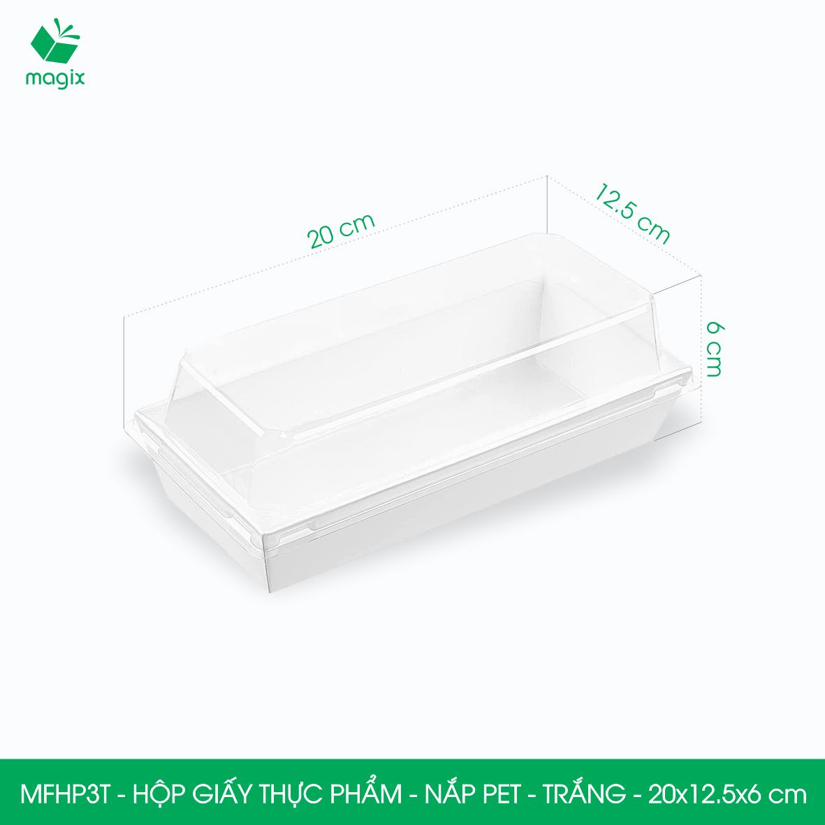 MFHP3T - 20x12.5x6 cm - 100 hộp giấy thực phẩm màu trắng nắp Pet, hộp giấy chữ nhật đựng thức ăn, hộp bánh nắp trong