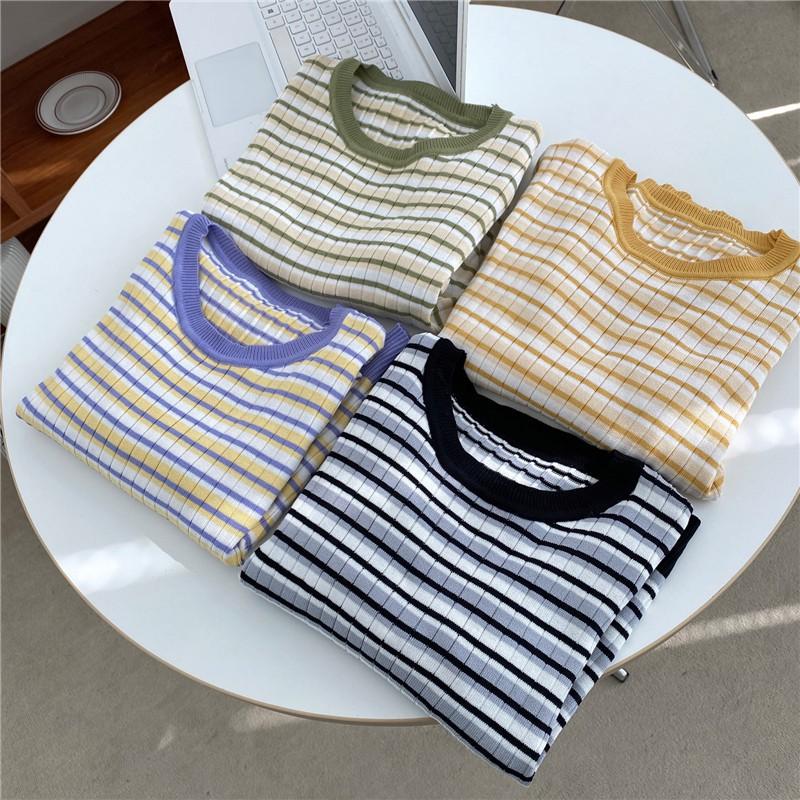 Áo Sweater Dệt Kim Tay Dài Hoạ Tiết Kẻ Sọc Màu Tương Phản Cho Nữ