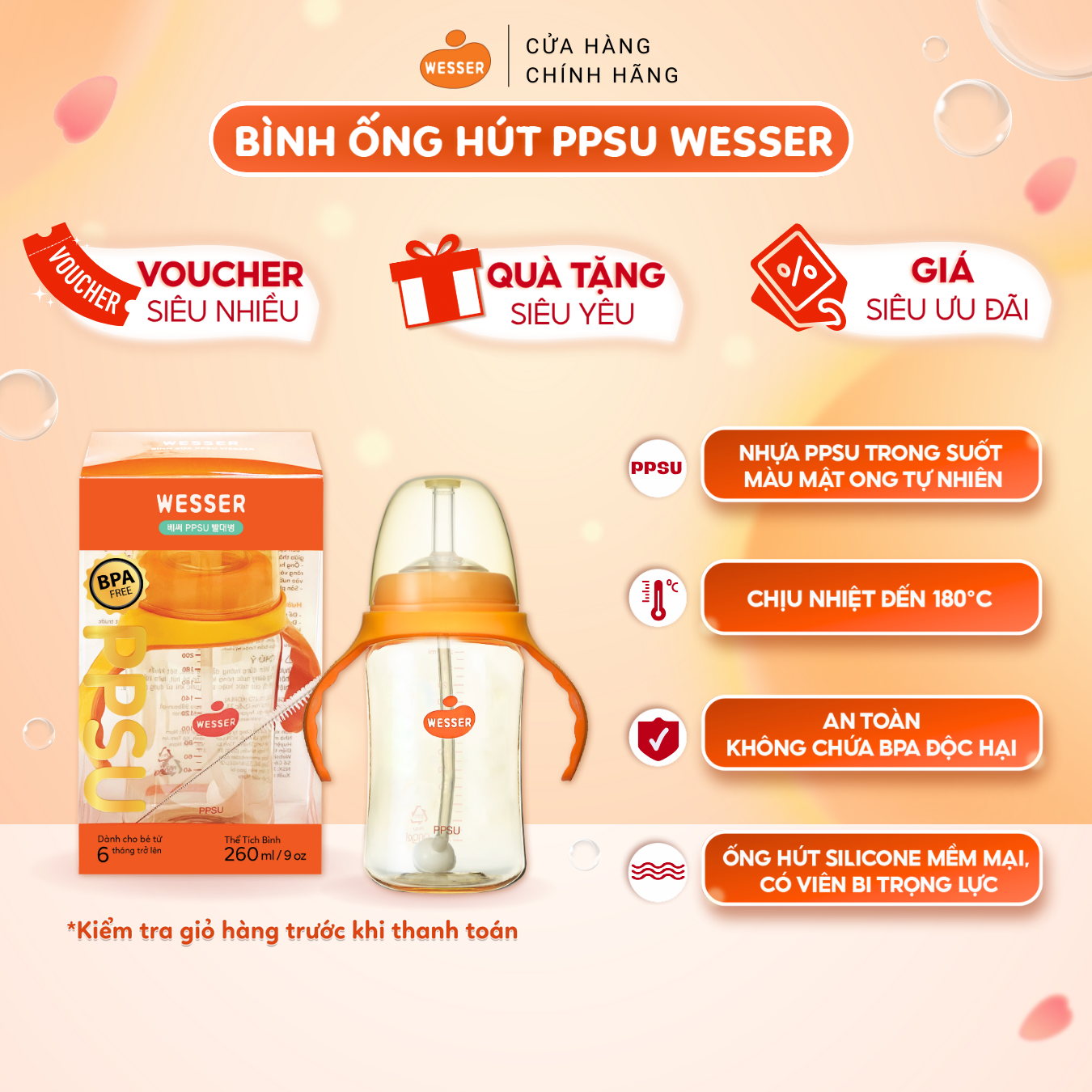 Bình Ống Hút PPSU Wesser 260ml