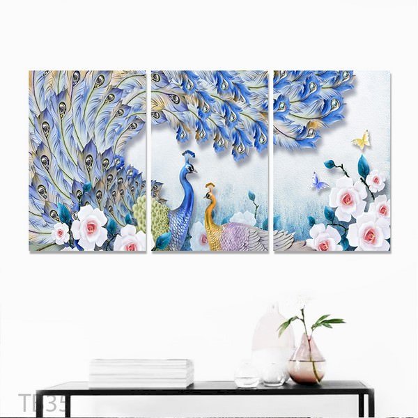 Bộ 3 Tranh Treo Tường Khổng Tước Và Hoa - W290