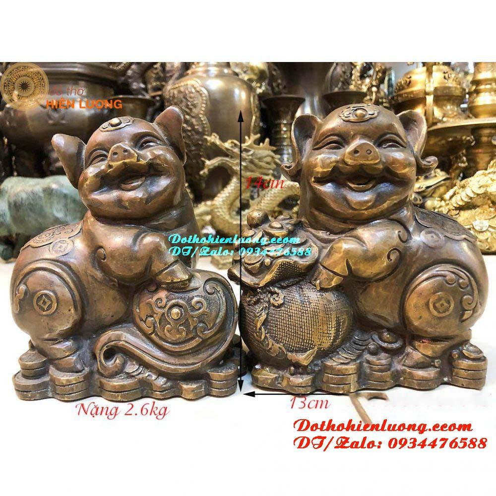Cặp Heo Màu Nâu Bằng Đồng Hun Nguyên Chất Chiêu Tài Cao 14cm - Linh Vật Phong Thủy May Mắn