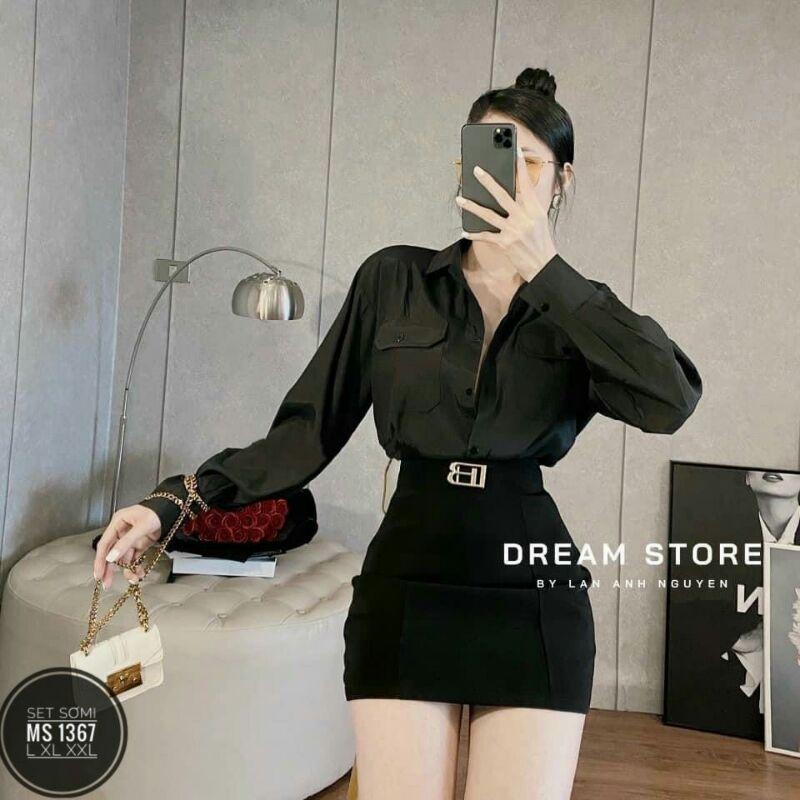 SET BỘ ĐỒ ĐI TIỆC BIG SIZE ÁO SƠ MI CÁ TÍNH KÈM CHÂN VÁY BODY SANG CHẢNH MÀU XANH/ ĐEN