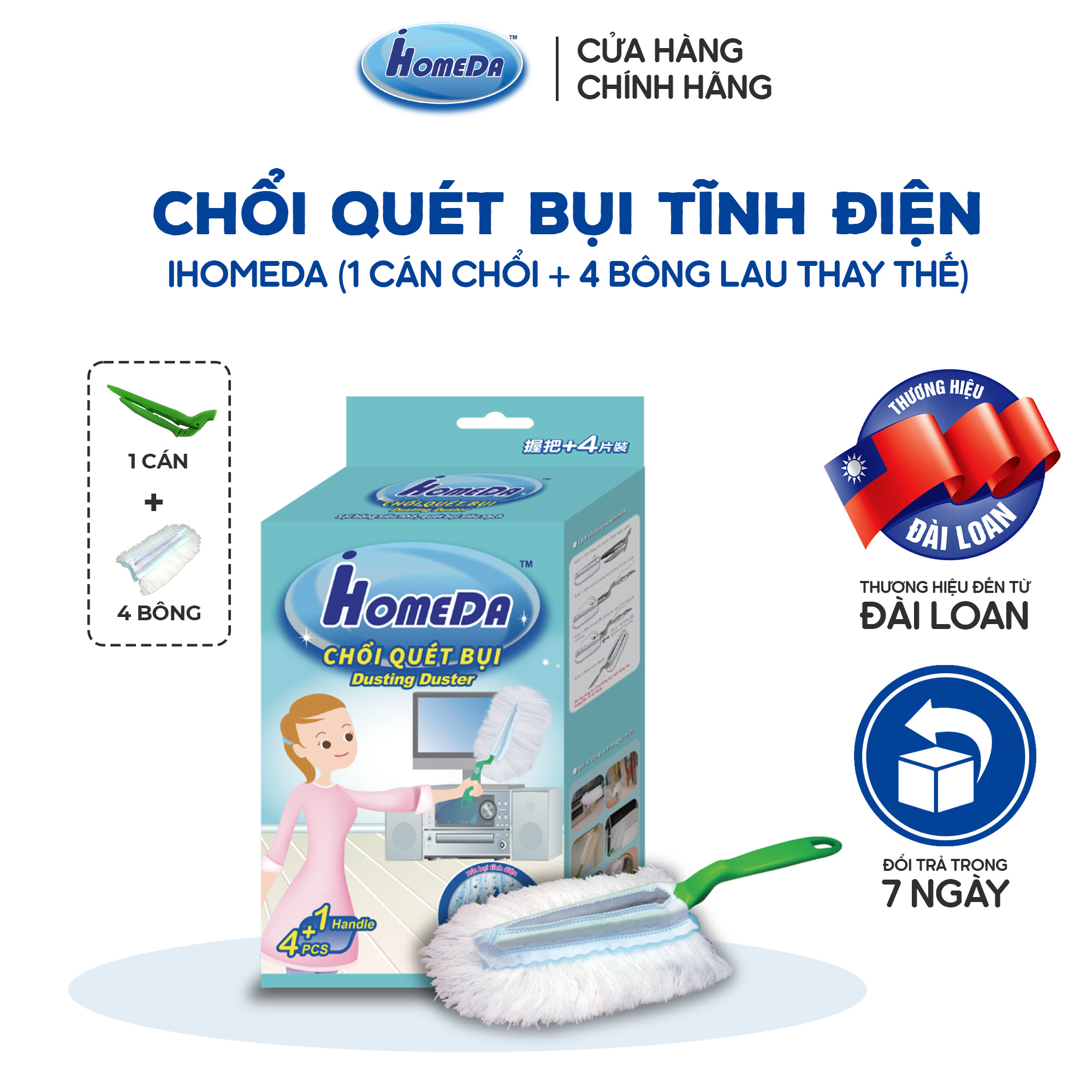 Chổi quét bụi chăm sóc ô tô tĩnh điện Ihomeda ( 1 cán + 4 bông lau)