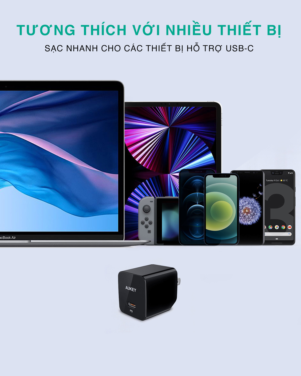 Củ sạc nhanh Aukey PA-Y30s công suất 30W, cổng USC -C Power Delivery - hàng chính hãng