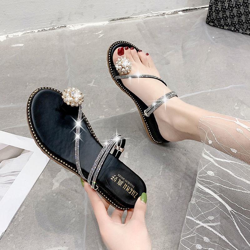 Net red slippers women's summer outer wearing wedge heel 2022 new Korean versatile Rhinestone fashion non slip beach toe cover Sandal