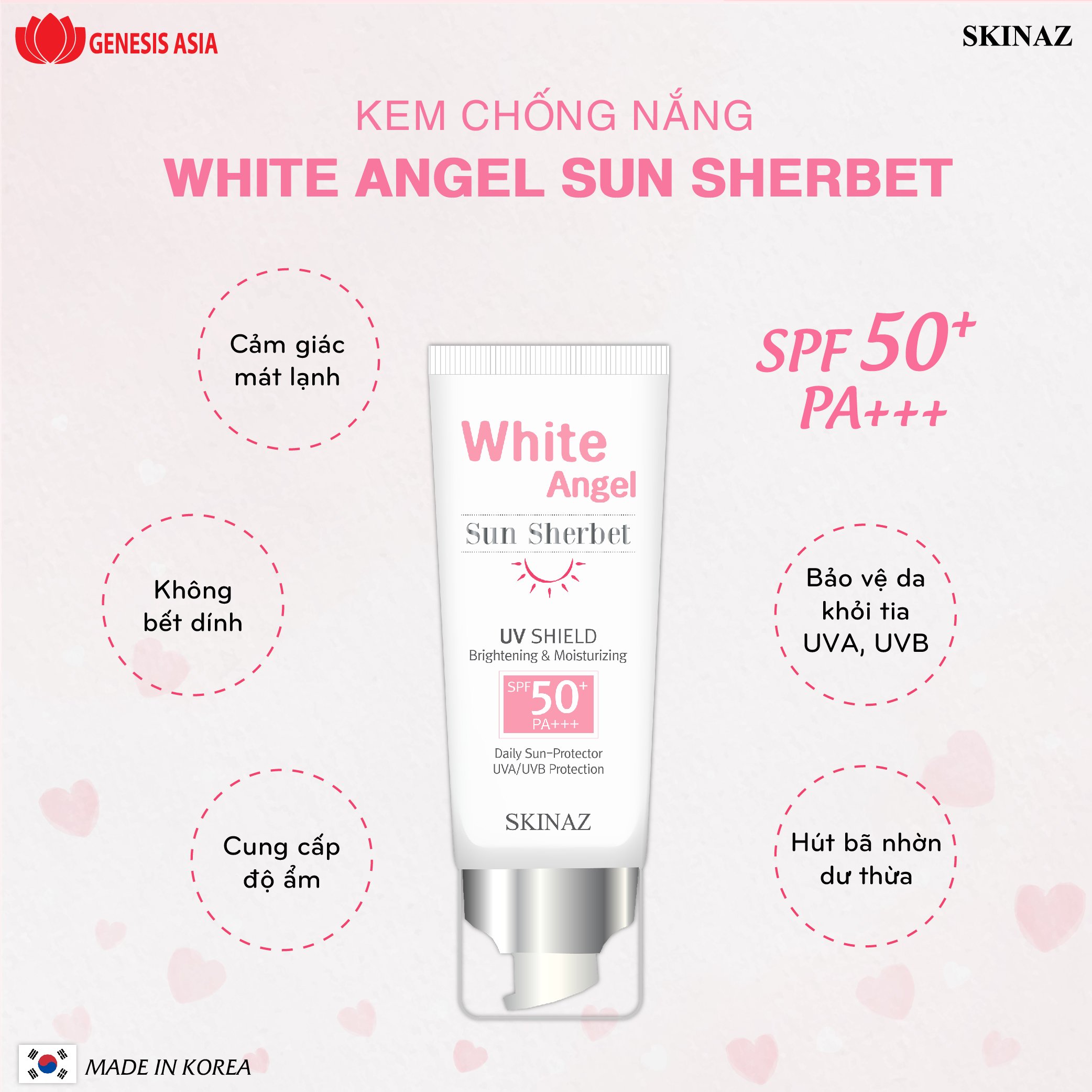 Kem Chống Nắng White Angel Sun Sherbet Skinaz - SPF 50 +, PA +++ Không gây bít tắc lỗ chân lông, tạo cảm giác thoải mái