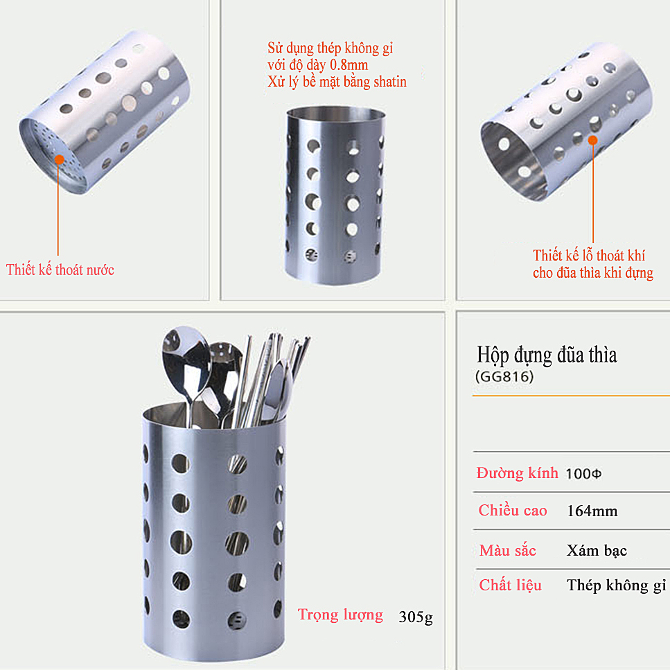 Ống cắm đũa thìa bằng inox 304, thép không gỉ, lỗ thoáng khí và thoát nước GGOMi Hàn Quốc GG816