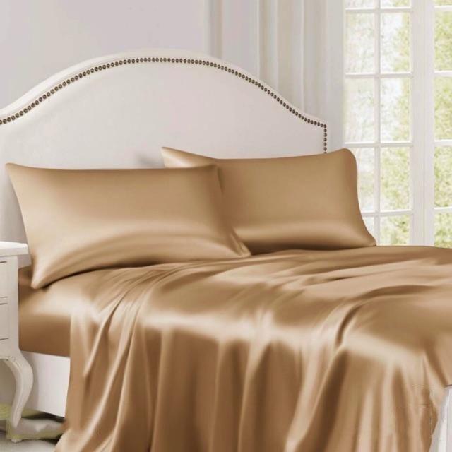 Trọn Bộ 5 Món Ga Gối Phi Lụa Chăn trần Thương hiệu LAN PHAM BEDDING Mát Mịn - Vàng Đồng