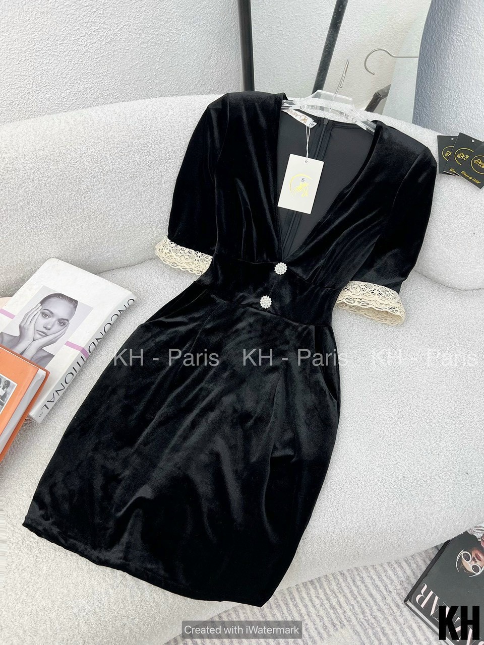 Váy cổ body v tay phối ren chất nhung tuyết mềm đẹp