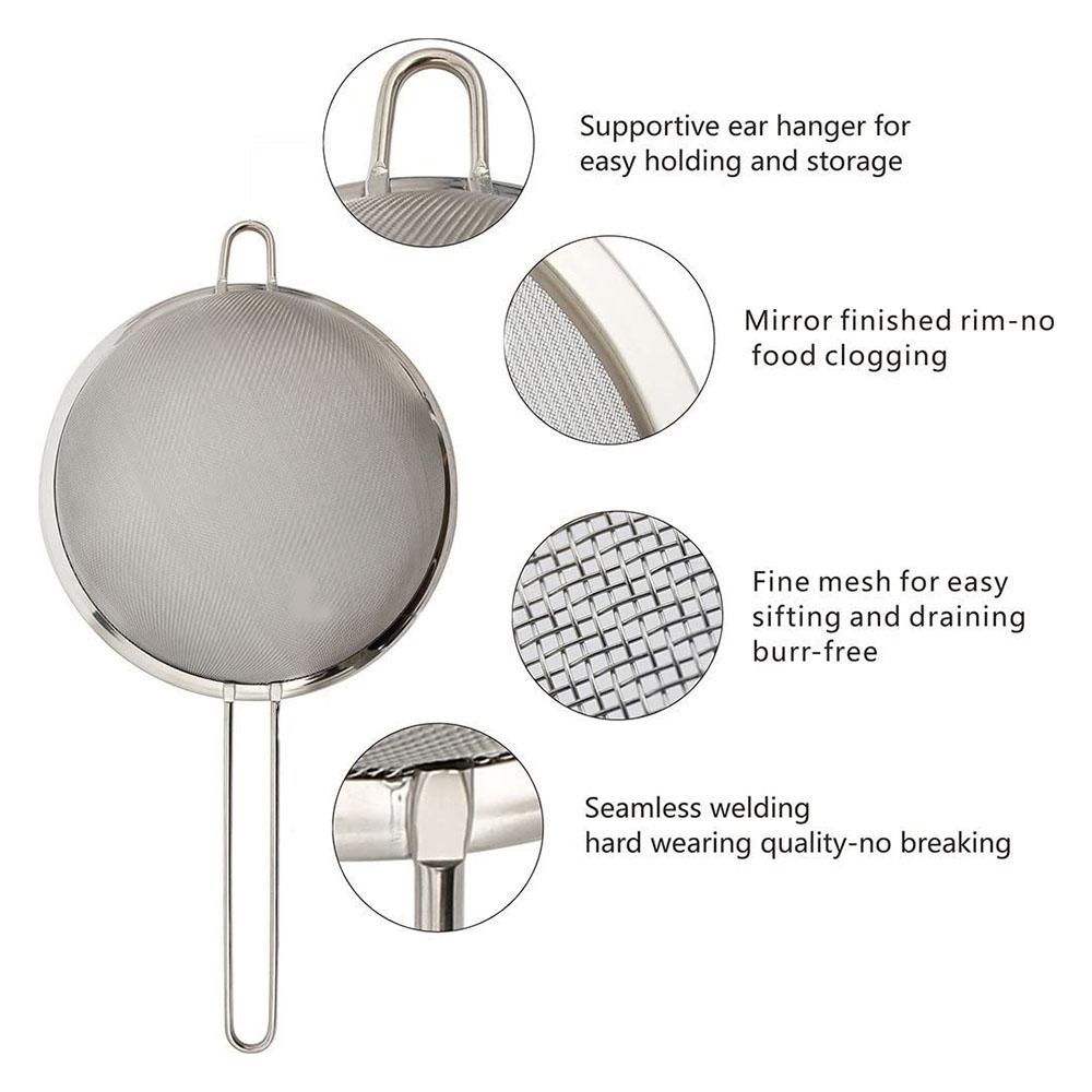 3 Chiếc Lưới Mịn Lưới Lọc Thép Không Gỉ Rây Lọc Lưới Lọc Sifter Bếp Bột Lọc Nhỏ Trung Bình Lớn Kim Loại Dụng Cụ Lọc Bộ