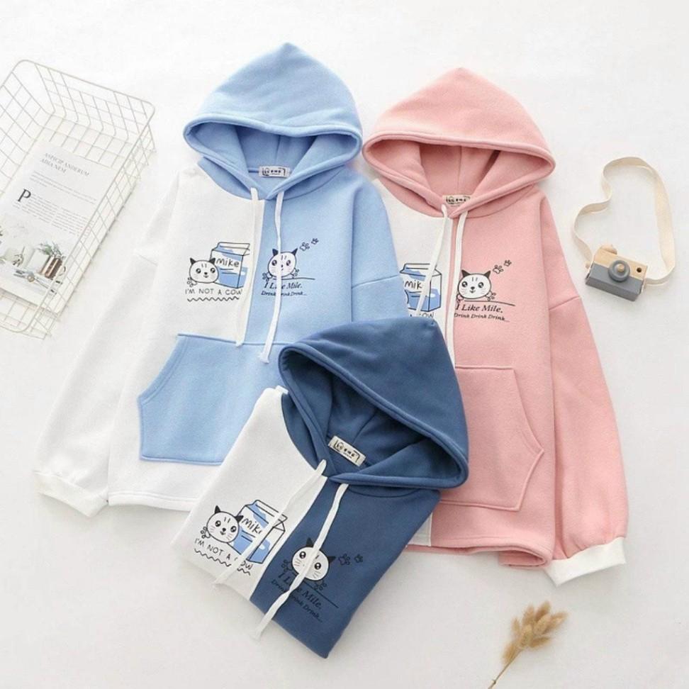 Áo Khoác Nỉ Hoodie 2 Màu Hình Mèo Phối Túi Áo Nỉ Dài Tay Cho Nữ Freesize Dưới 60 Kg