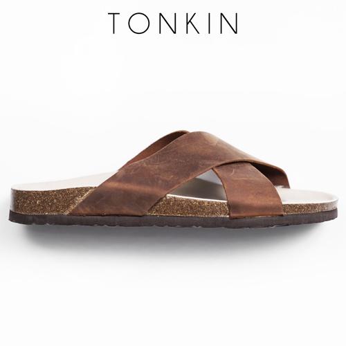 Dép đế trấu nam màu nâu da thật BIRKEN STOCK quai chéo, dép da nam chống thấm mồ hôi chịu nước GIÀY NAM TONKIN