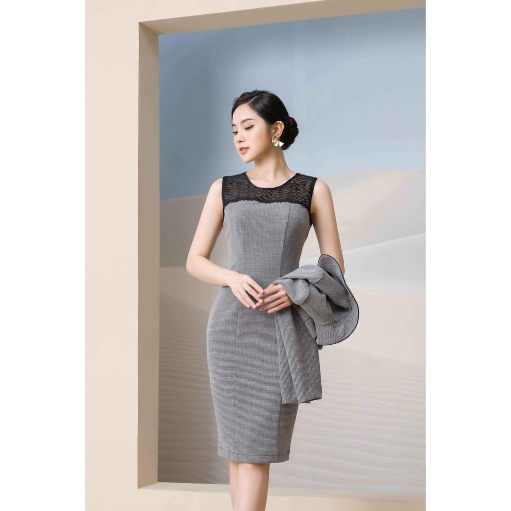 Bộ vest kẻ nhỏ umi; Áo lửng cổ sen + Đầm sát nách Toson B8484K31