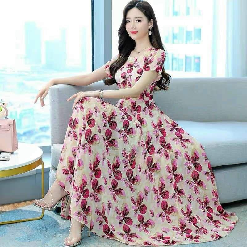 HÀNG NHẬP - ĐẦM MAXI VOAN HOA CỔ TRÒN TAY NGẮN