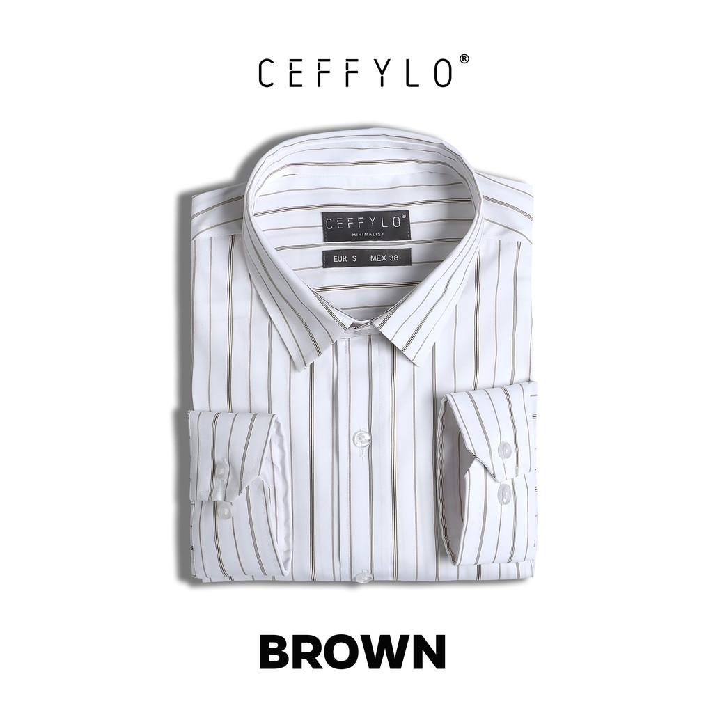 Áo Sơ Mi Nam Họa Tiết Kẻ Sọc Nâu CEFFYLO 2, Vải Cotton Mềm Mịn, Form Chuẩn