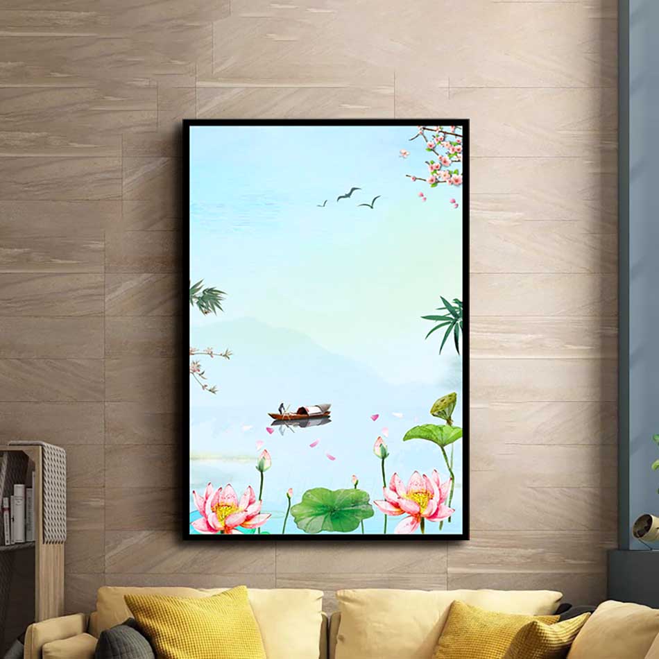 Tranh đơn canvas treo tường Decor Họa tiết hoa sen và người lái đò - DC167