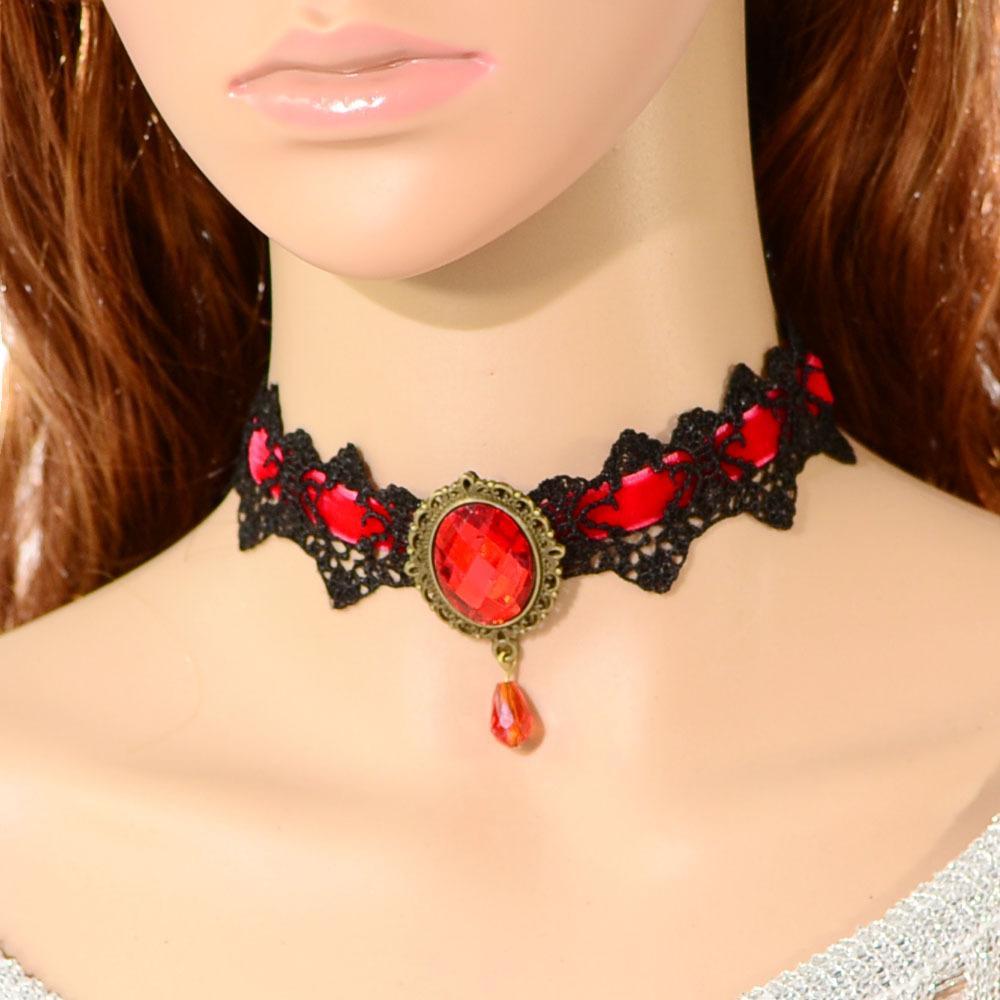 2-4pack Fashion Red Gem Pendant Lace Collar Necklace Choker Chunky Red Black